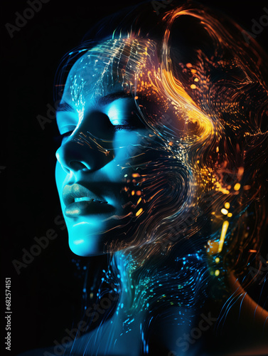 A young attractive woman with colorful glowing lines on her face, these glimmering light effects symbolize human brain activity and artificial intelligence