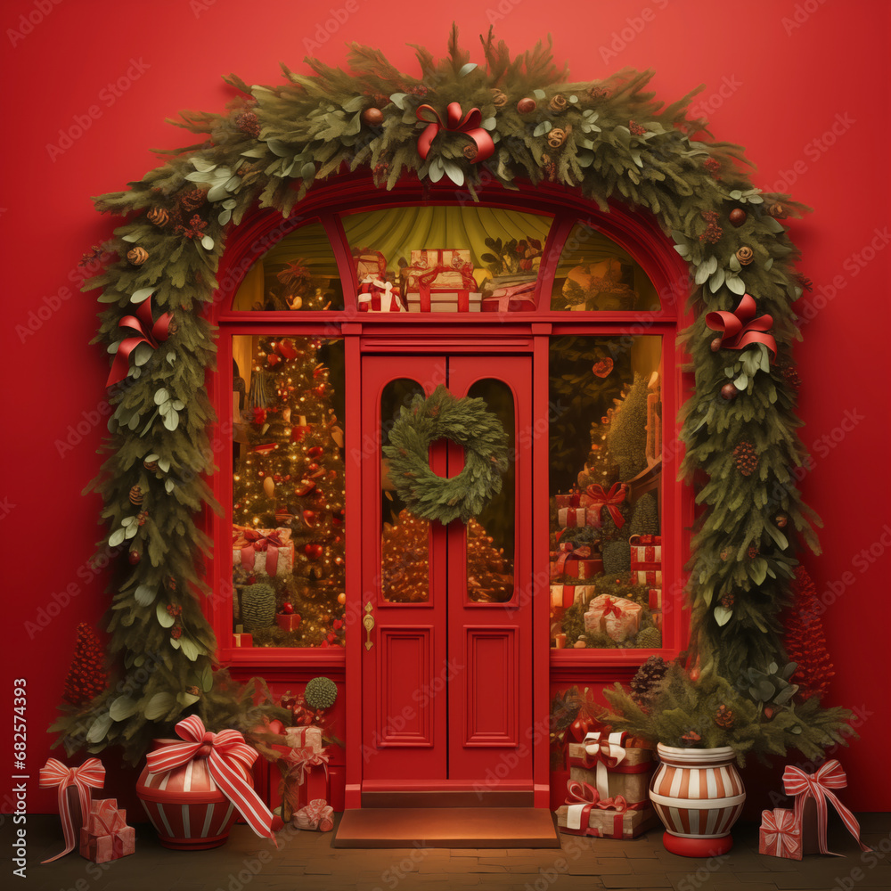Christmas store miniature, red background.