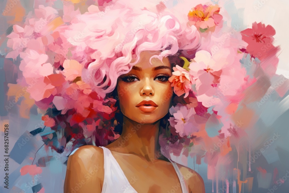 Beautiful pink-haired african american woman with flowers in her hair in style of oil paintings. Impressionism. Romantic lady. Trendy colors. For postcard, greeting card, wall decor, cover design