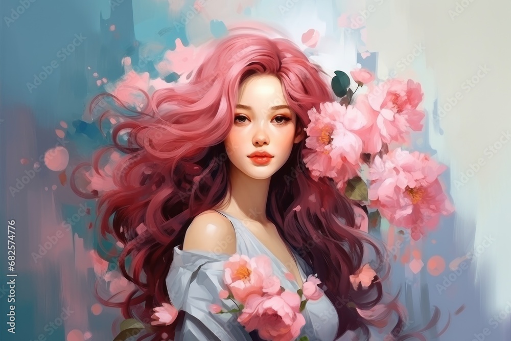 Beautiful pink-haired Asian woman with flowers. Romantic lady. Illustration in style of oil painting. Impressionism. Trendy pastel colors. For postcard, greeting, wall decor, cover design, print