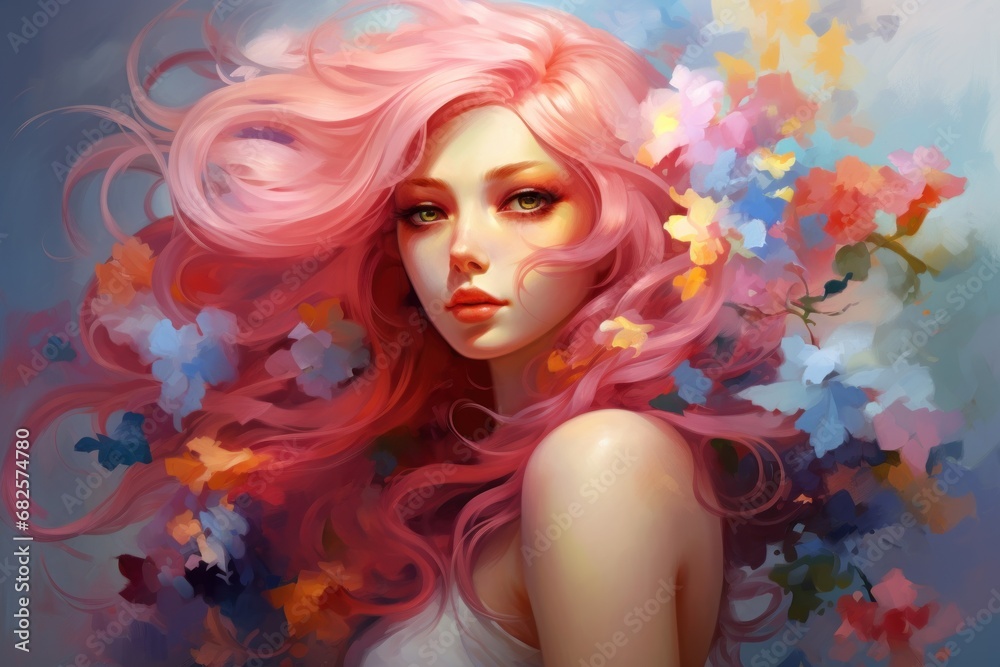 Beautiful pink-haired Caucasian woman with flowers. Romantic lady. Illustration in style oil painting. Impressionism. Trendy colors. For postcard, greeting, wall decor, cover design, print