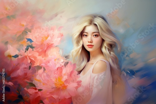 Beautiful blonde Asian woman with flowers. Romantic lady. Illustration in style of oil painting. Impressionism. Trendy pastel colors. For postcard, greeting, wall decor, cover design, print