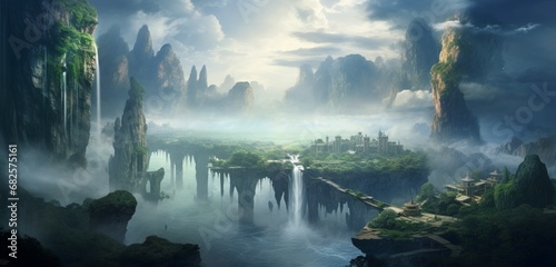 An ethereal landscape of floating islands and cascading waterfalls.