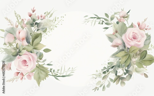 Beautiful roses with green leaves on white background. Decorative flower illustration in watercolor style.