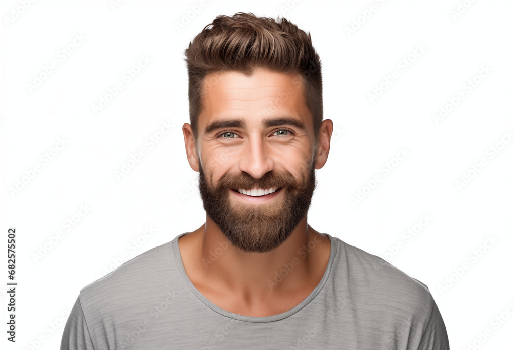 a closeup photo portrait of a handsome man smiling with clean teeth. used for a dental ad. guy with fresh stylish hair and beard with strong jawline. isolated on white background. - obrazy, fototapety, plakaty 