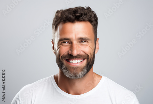 a closeup photo portrait of a handsome man smiling with clean teeth. used for a dental ad. guy with fresh stylish hair and beard with strong jawline. isolated on white background.