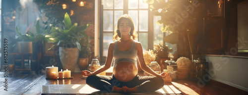 Beautiful Asian pregnant woman expectant mother meditates while sitting on yoga mat at home. photo