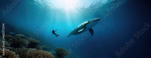 Gray whale underwater approaching a scuba diver in the deep blue sea waters. Panorama with copy space. photo