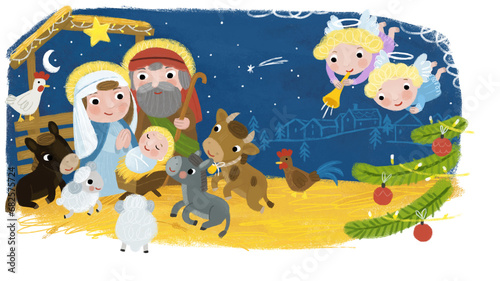 cartoon illustration of the holy family josef mary traditional scene illustration for children