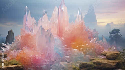 Crystal formations shimmering with rainbow hues, emerging from a misty, ethereal landscape.