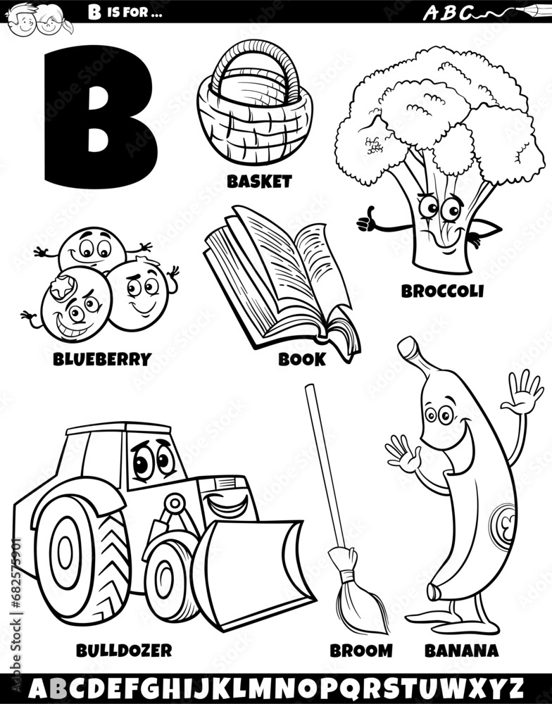 Letter B set with cartoon objects and characters coloring page Letter B set with cartoon objects and characters coloring page