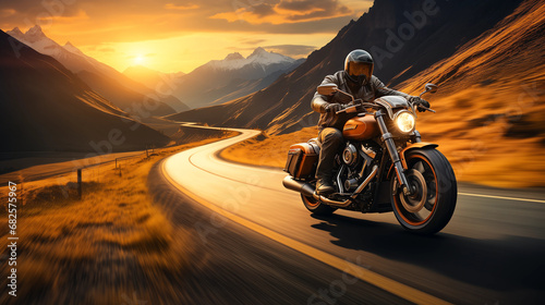 A motorcycle / motorcyclist riding down a scenic curvy road