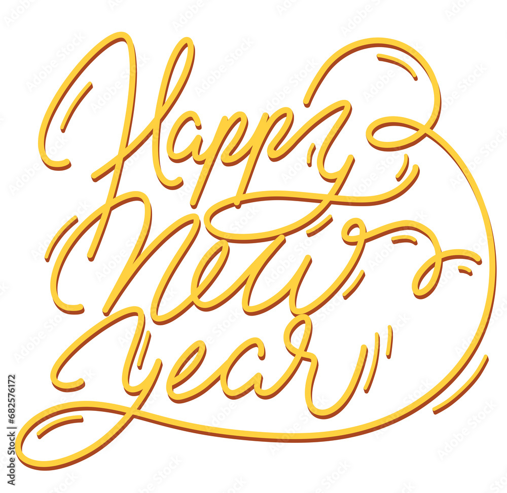 Obraz premium Lettering aislado con las palabras feliz año nuevo en letras cursivas y color amarillo, festividad de fin de año