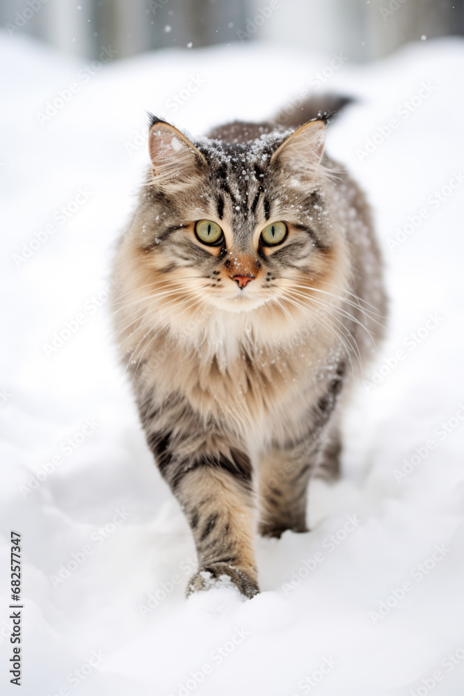 Beautiful cat outside in the winter snow