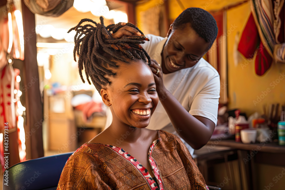 An African hairdresser styling the natural hair of a happy African woman