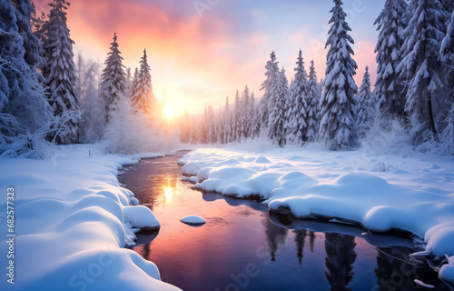 Sunset glow over snowy river in pine forest © thodonal