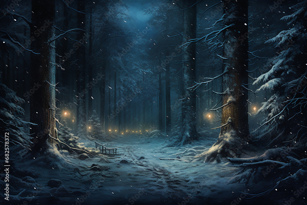 Moody festive Christmas night scene in the woods with Christmas lights and snow..