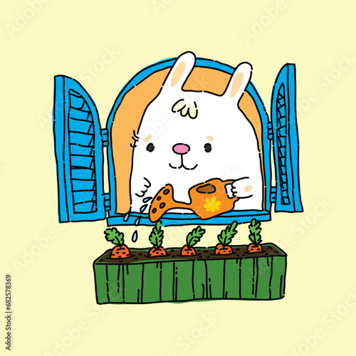 Cute white bunny gardener watering growing carrots