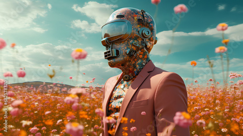 Unrealistic, illustrated portrait of a human robot in modern pink suit in a field of colorful fresh spring flowers. Abstract spring concept.  photo