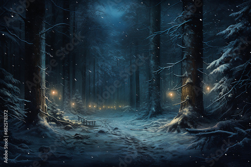 Moody festive Christmas night scene in the woods with Christmas lights and snow..