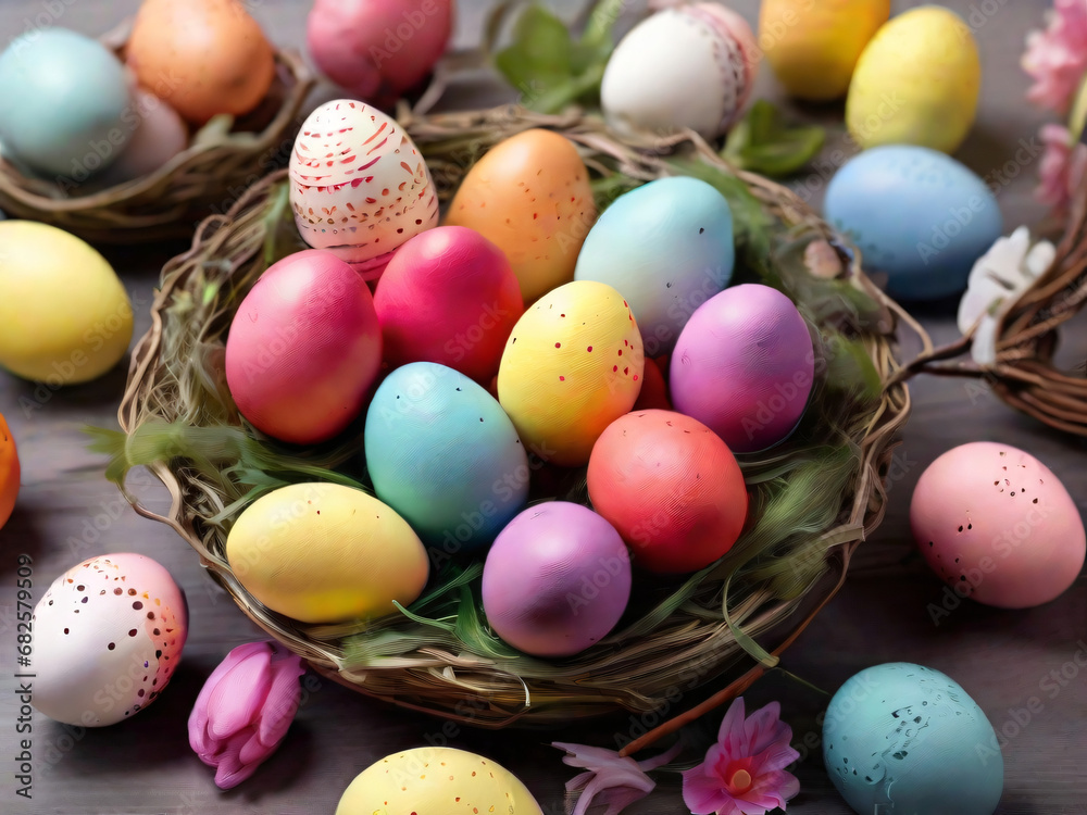 Ostereier in einem Osternest in unterschiedlichsten Farben