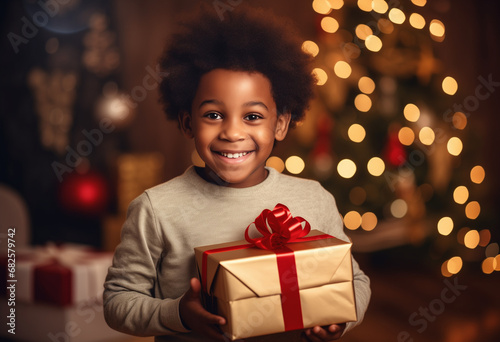 Cute little African American boy is holding a gift box and smiling while celebrating Christmas at home -