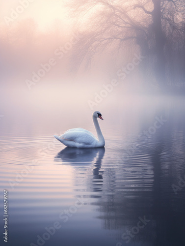 White swan swimming on misty lake. Early morning sunrise. Foggy morning at dawn.