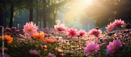 In the vibrant summer garden  a colorful array of flowers bloomed  their pink petals adding a pop of color to the lush green environment  a testament to the natural growth and life that thrived