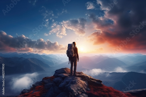 Adventurous man with backpack standing on the top of the mountain and admiring beautiful sunset landscape. Success and personal growth concept.