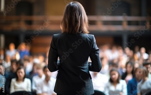 Beautiful business woman is speaking to a large audience in the hall. View from back photo