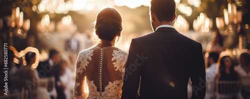 Bride and groom walking to their guests at an outdoor wedding photo