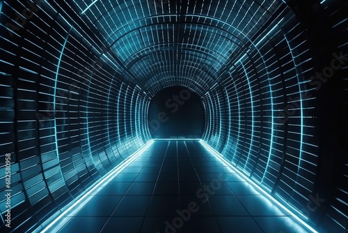 Tunnel Eingang zu einem Club.  Futuristischer Zugang in eine moderne Welt. Kulisse eines Ganges beim Raumschiff.  photo