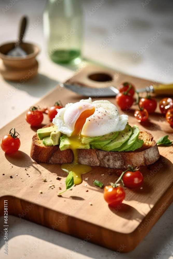 Poached egg on toast with avocado. A healthy breakfast. Menu