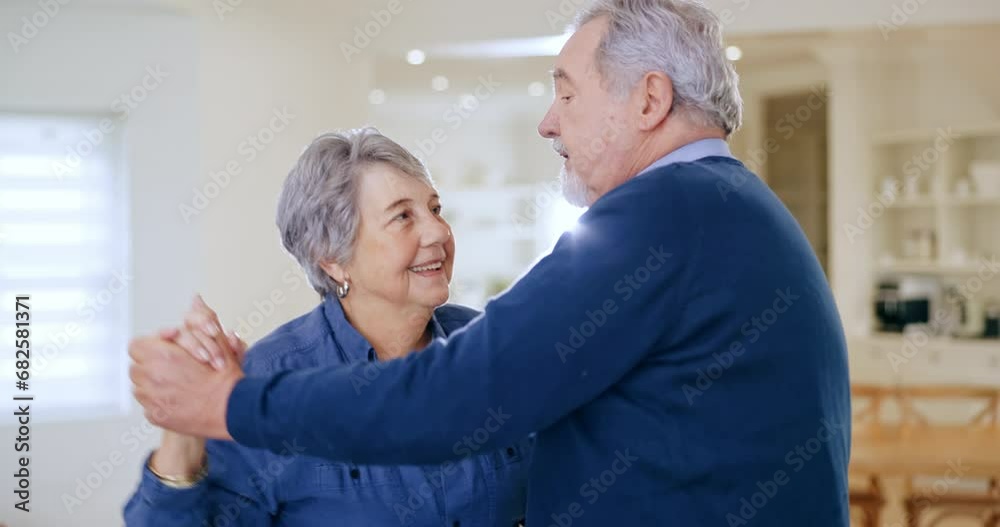 Dance, love and senior couple in home for bonding, healthy relationship and marriage. Retirement, happy and elderly man and woman dancing together for romance, happiness and commitment in living room Dance, love and senior couple in home for bonding, healthy relationship and marriage. Retirement, happy and elderly man and woman dancing together for romance, happiness and commitment in living room