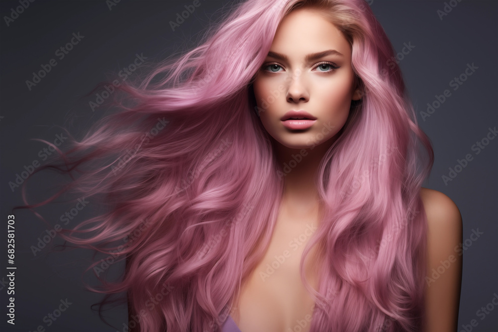 Woman with wavy pink hair on a gray background. Beauty and fashion
