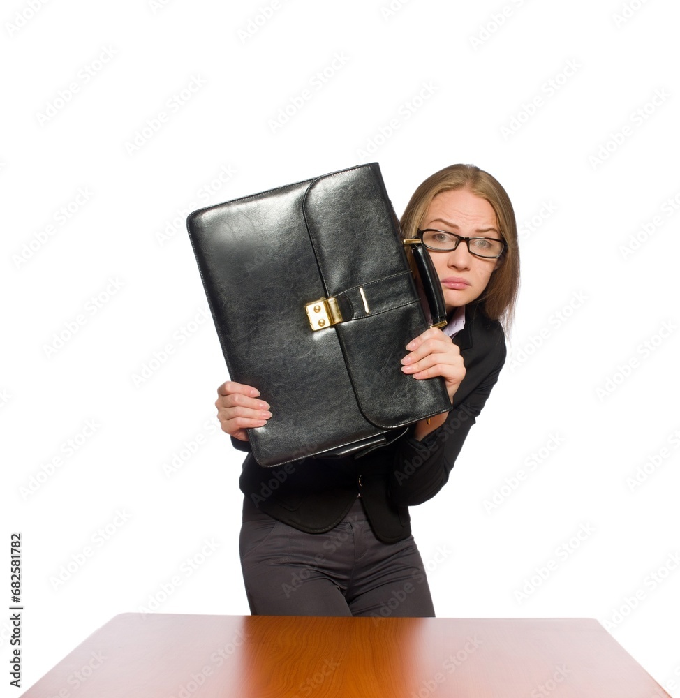 Female employee sitting at long table isolated on white Female employee sitting at long table isolated on white