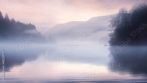 Beautiful autumn landscape. Morning view on foggy lake and mountains at sunrise time. Pastel colors on landscape. Beauty of nature concept background.