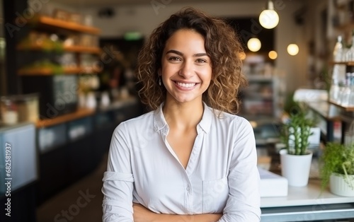 Happy confident woman small shop business owner standing smiling