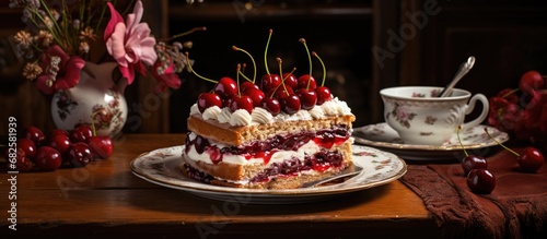 In the vintage bakery, a delectable fruit cake topped with juicy red cherries was placed on a white plate, elegantly adorning the wooden table, enticing customers with its autumnal charm; a gourmet