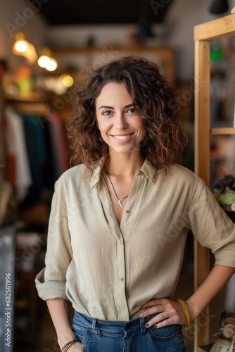 Happy confident woman small shop business owner standing smiling