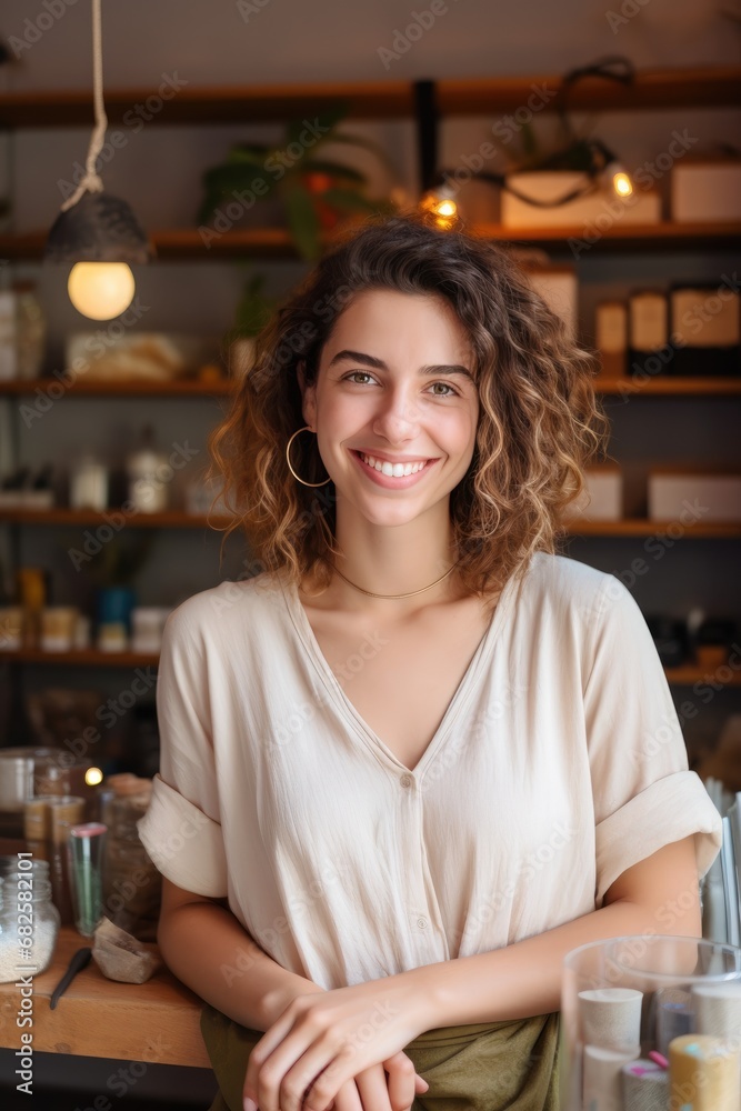 Happy confident woman small shop business owner standing smiling Happy confident woman small shop business owner standing smiling