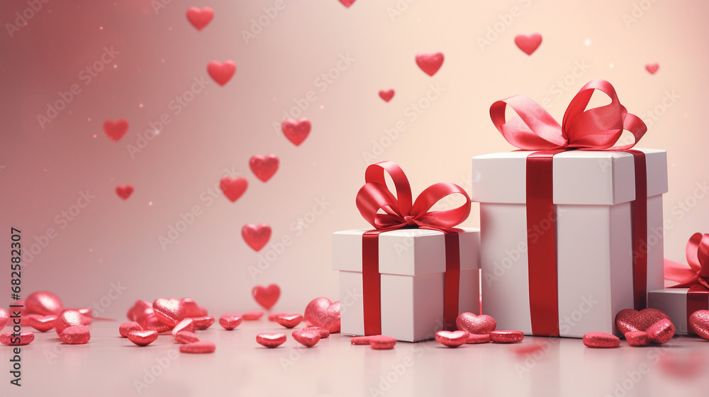 Gift boxes with hearts for Valentine's Day on pink background. Romantic surprise.