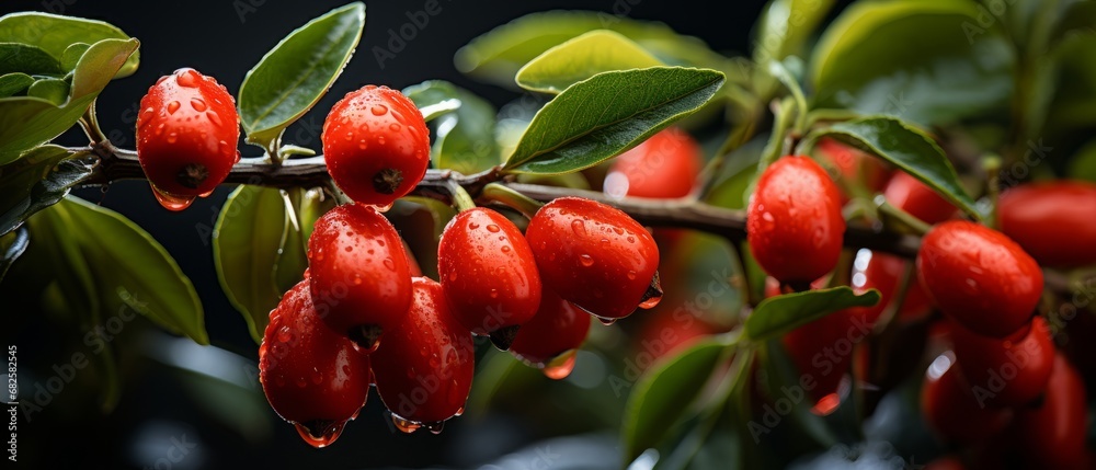 Obraz premium Luscious Red Goji Berries. Vibrant Close-Up Amidst Verdant Green Leaves