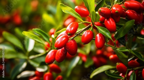 Luscious Red Goji Berries. Vibrant Close-Up Amidst Verdant Green Leaves photo