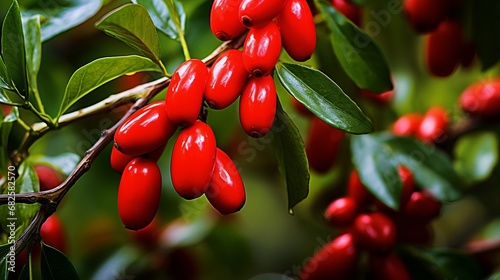 Luscious Red Goji Berries. Vibrant Close-Up Amidst Verdant Green Leaves