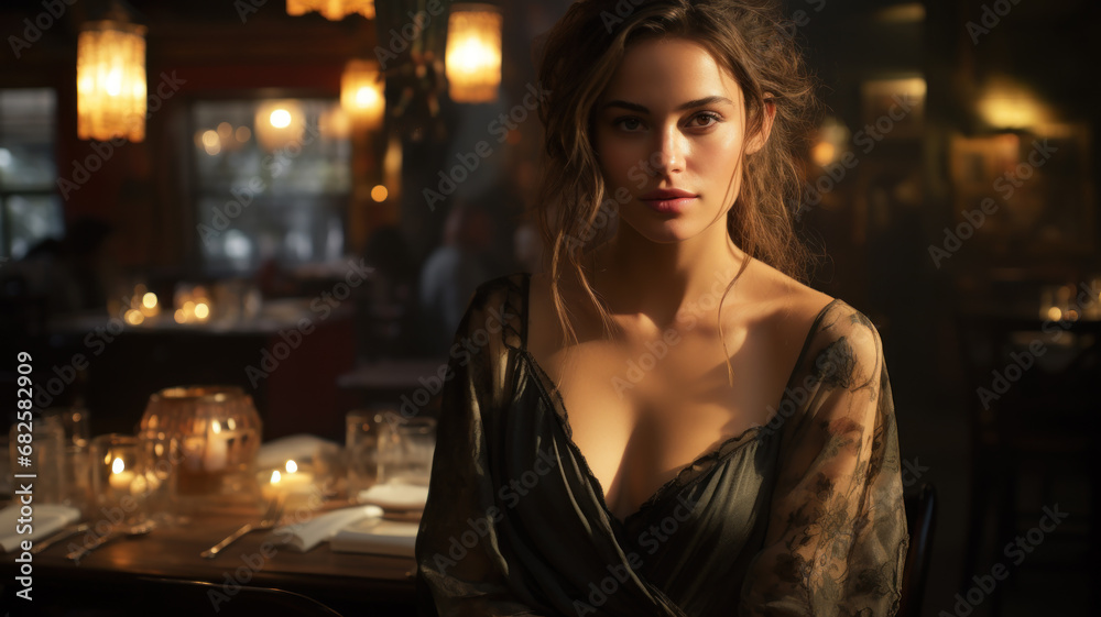 Portrait of sexy young woman in luxury restaurant interior, attractive adult girl sits in dark bar or cafe. Female person looks at camera. Concept of fashion, night, beauty, party - obrazy, fototapety, plakaty 