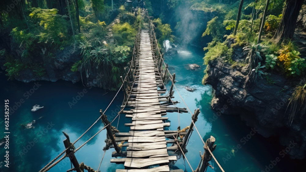 Old suspension bridge across river in jungle, perspective view of hanging vintage wooden footbridge. Scenery of tropical forest and water. Concept of travel, adventure, nature - obrazy, fototapety, plakaty 