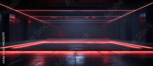 Modern dark studio background, panorama of garage or hall with led neon lighting. Futuristic design of empty room, abstract space interior. Concept of show, industry, showroom, warehouse photo