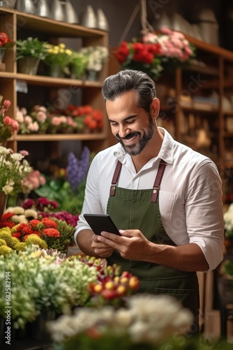 Small flower shop business owner man managing shop with digital tablet