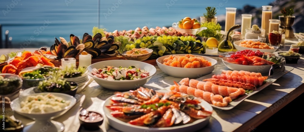 On the luxurious table by the sea, a platter of black and orange seafood dazzled with the vibrant colors of fresh fish, including succulent organic salmon. This extravagant dinner spread was not only